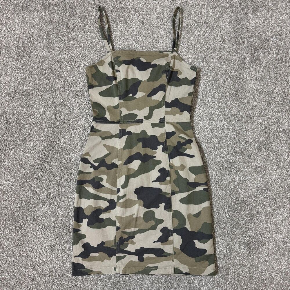 H&M Divided Dress Womens XS Green Camo Bodycon Tank Mini Zip Back Stretch